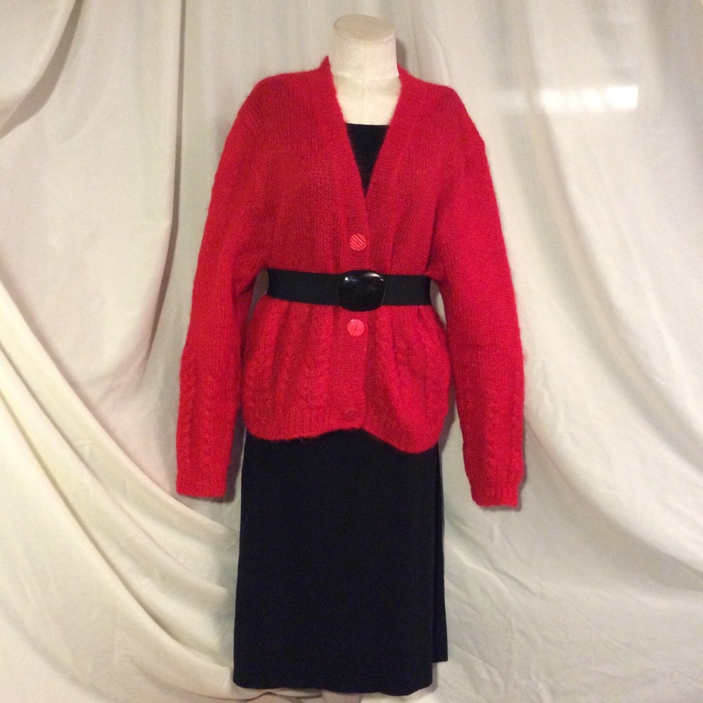 Red mohair cable knit cardigan